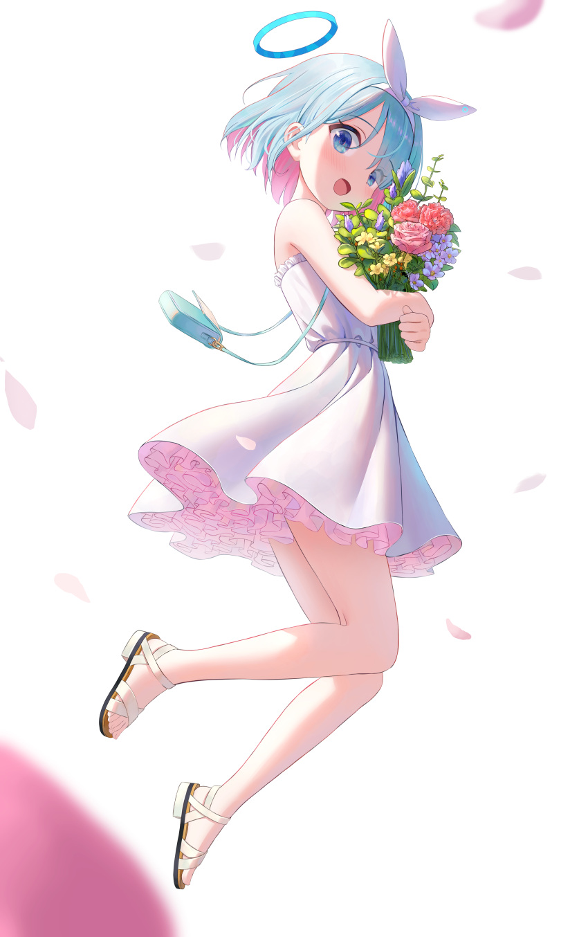 1girl absurdres alternate_costume arona_(blue_archive) bag blue_archive blue_eyes blue_hair blush bouquet cherry_blossoms colored_inner_hair commentary dress eyes_visible_through_hair falling_petals feet frilled_dress frills from_side full_body hair_over_one_eye hairband halo handbag highres holding holding_bouquet looking_at_viewer multicolored_hair nay open_mouth petals pink_hair sandals short_hair simple_background sleeveless sleeveless_dress smile solo toes white_background white_dress white_hairband