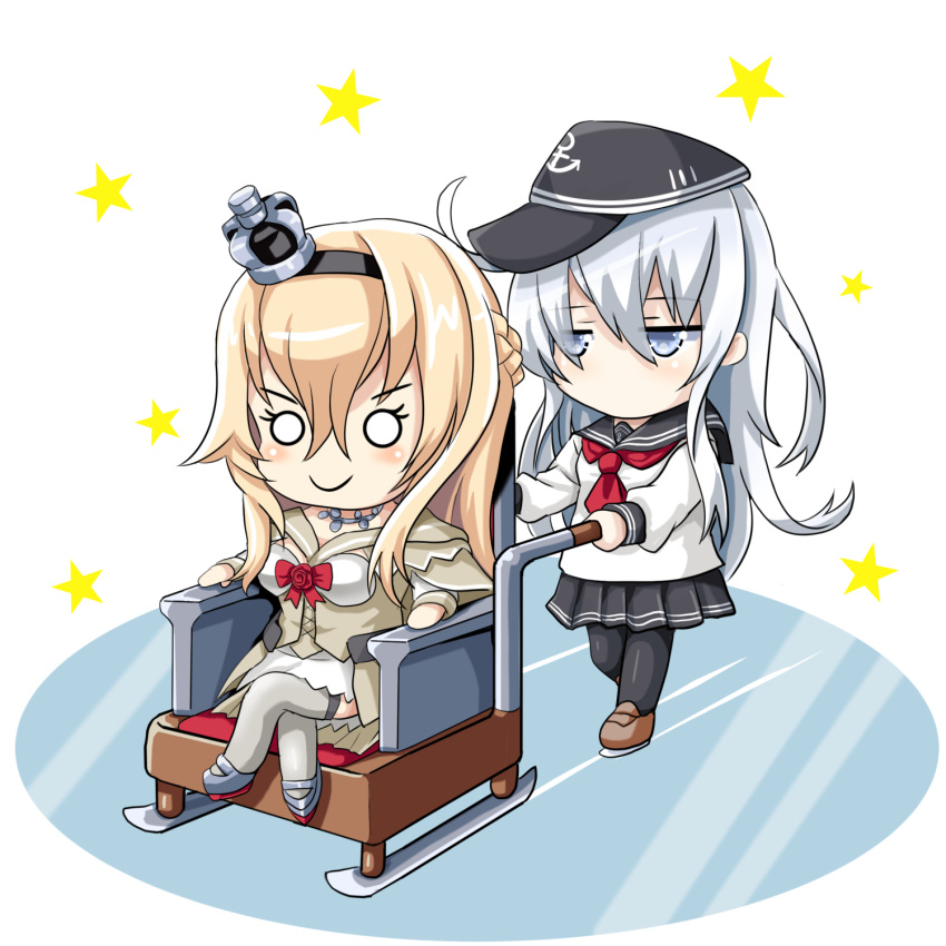 anchor_symbol black_legwear black_skirt blonde_hair braid chair chibi commentary_request corset crown dress flat_cap flower french_braid hair_between_eyes hairband hat hibiki_(kantai_collection) highres ice_skates jewelry kantai_collection lone_wolf_and_cub long_hair long_sleeves mini_crown multiple_girls neckerchief necklace off-shoulder_dress off_shoulder parody pleated_skirt red_flower red_ribbon red_rose ribbon rose school_uniform serafuku silver_hair skates skirt thighhighs tilted_headwear tk8d32 warspite_(kantai_collection) white_dress