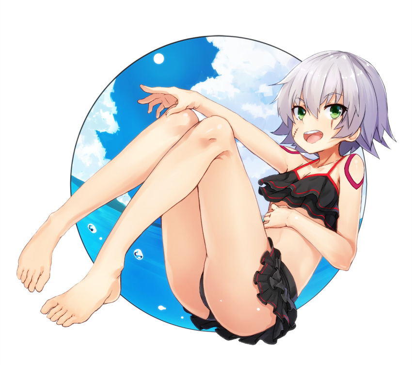 :d ass bangs bare_arms bare_legs bare_shoulders barefoot bikini bikini_skirt black_bikini blue_sky breasts cleavage cloud cloudy_sky collarbone commentary_request day eyebrows_visible_through_hair facial_scar fate/grand_order fate_(series) fingernails green_eyes hair_between_eyes highres jack_the_ripper_(fate/apocrypha) ocean open_mouth round_teeth scar scar_across_eye scar_on_cheek shoulder_tattoo silver_hair sky small_breasts smile solo swimsuit tattoo teeth toki/ upper_teeth v-shaped_eyebrows water water_drop white_background