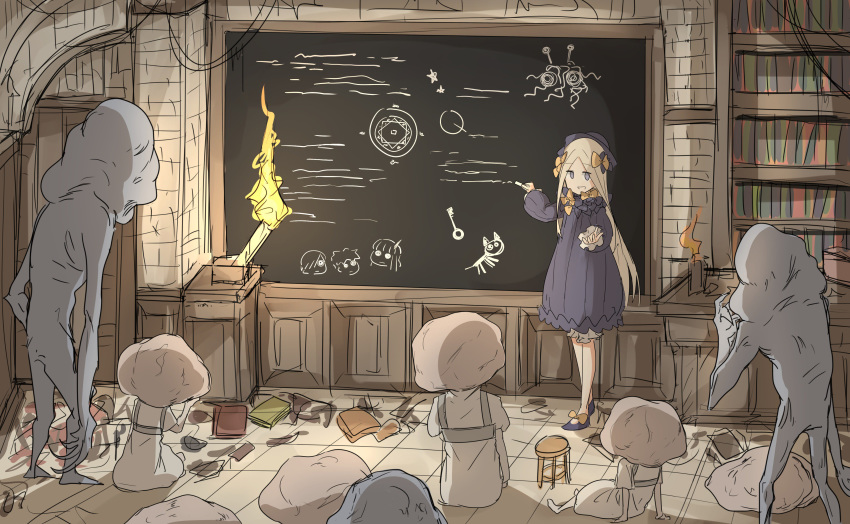 absurdres blonde_hair bloodborne bow chalk chalkboard fate/grand_order fate_(series) flying_spaghetti_monster fujimaru_ritsuka_(male) hat highres kan_(aaaaari35) key lavinia_whateley_(fate/grand_order) library living_failures magic_circle mash_kyrielight monster silk spider_web stool torch