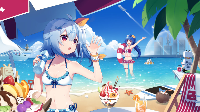 beach beach_chair beach_umbrella bili_girl_22 bili_girl_33 bilibili_douga blush boat bottle breasts cleavage collarbone cup day drinking_glass drinking_straw eyebrows_visible_through_hair fishing fishing_rod highres holding holding_bottle holding_innertube innertube large_breasts long_hair looking_at_another medium_breasts multiple_girls ocean open_mouth parted_lips ponytail red_eyes sharlorc short_hair short_ponytail shovel side_ponytail smile standing starfish umbrella very_long_hair water_bottle watercraft