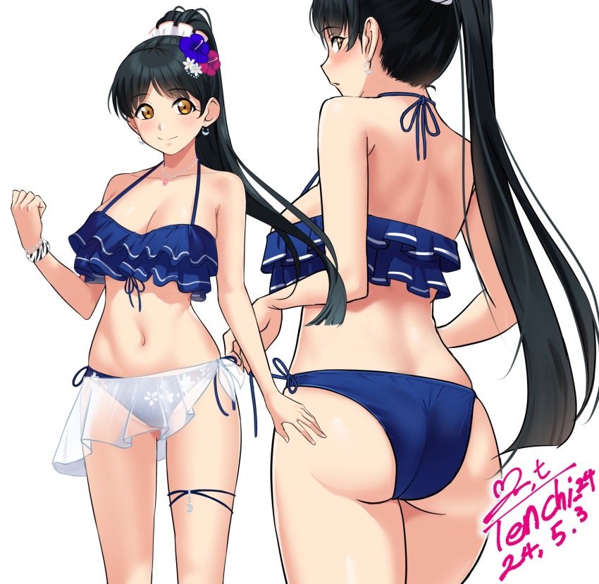 1girl ass bikini black_hair blue_bikini blush bracelet breasts cleavage commentary_request earrings flower frilled_bikini frills hair_flower hair_ornament hair_scrunchie hazuki_ren highres jewelry large_breasts long_hair looking_at_viewer looking_back love_live! love_live!_superstar!! multiple_views navel necklace open_mouth ponytail scrunchie see-through see-through_skirt skirt smile swimsuit white_background yellow_eyes yoo_tenchi