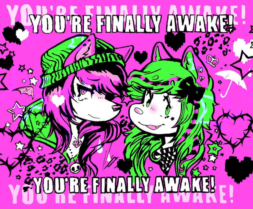 2023 920london alternative_fashion anthro canid canine coontail_hair duo female green_hair hair hana_venom heart_symbol image_comics image_macro impact_(font) jack_skellington kiki_curbstomp mammal meme official_art open_mouth open_smile pink_hair remy_boydell restricted_palette scene_(fashion) scene_haircut smile star text the_nightmare_before_christmas you're_finally_awake