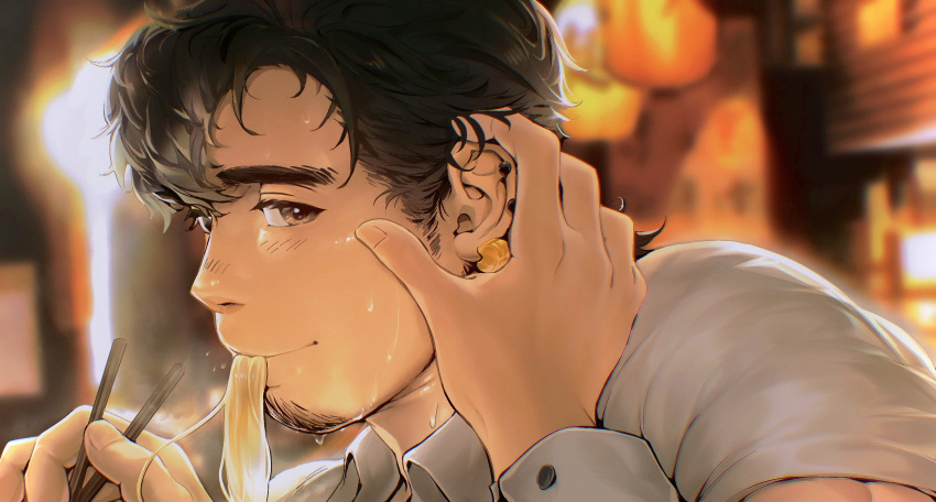 1boy bara black_hair blush earrings eating facial_hair food goatee hand_on_another's_head highres isuke jewelry looking_at_viewer male_focus noodles original playing_with_another's_hair pov pov_adoring pov_hands ramen revision sideburns_stubble solo_focus stubble sweat thick_eyebrows twitter_banner wiping_sweat