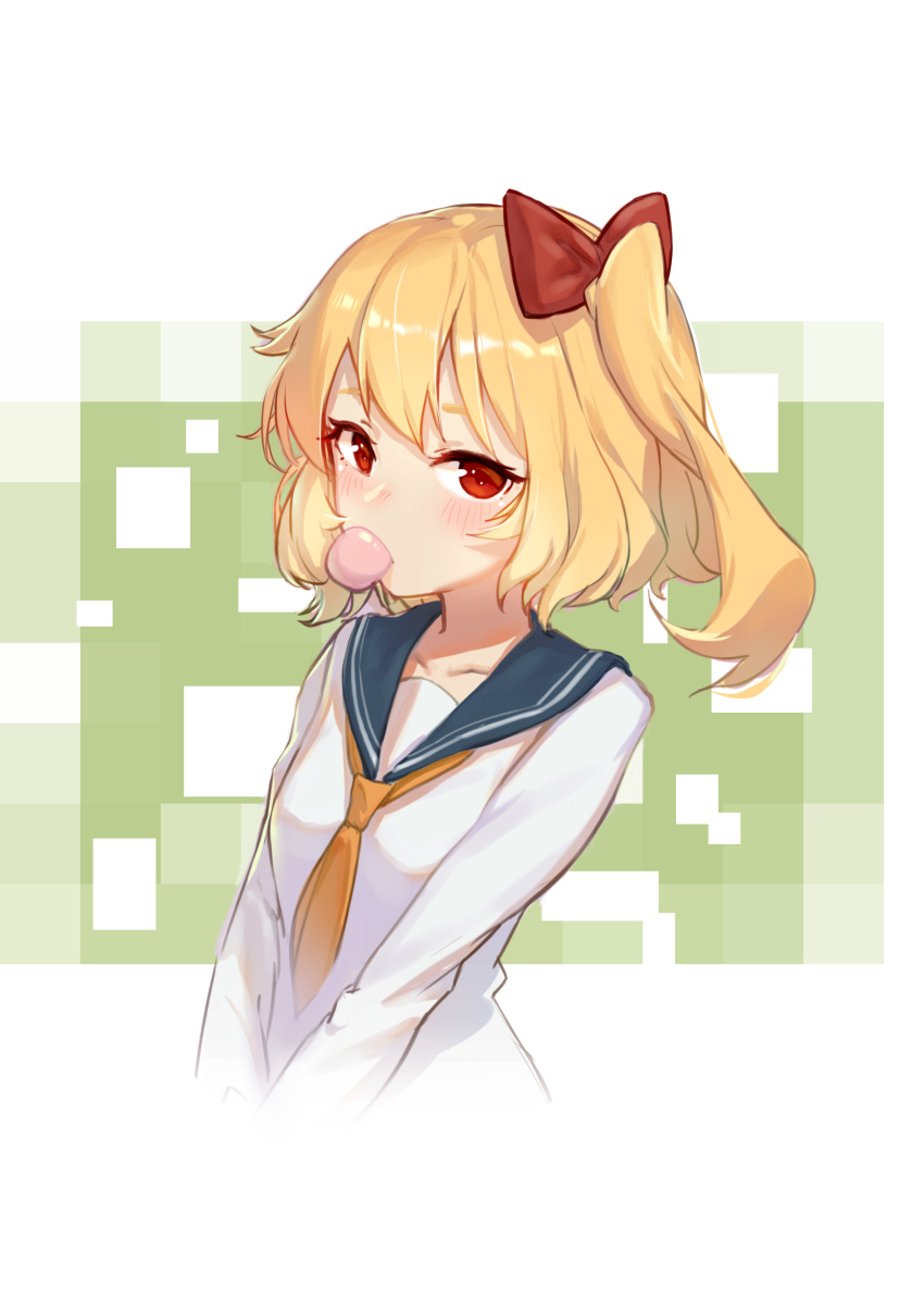 absurdres alternate_costume blonde_hair blush bow breasts bubble_blowing censored chewing_gum chinese_commentary collarbone commentary_request contemporary cropped_torso flandre_scarlet green_background hair_bow highres humanization long_sleeves mosaic_censoring no_hat no_headwear one_side_up red_bow red_eyes sailor_collar school_uniform serafuku short_hair small_breasts sndbr solo touhou two-tone_background upper_body v_arms white_background white_serafuku yellow_neckwear