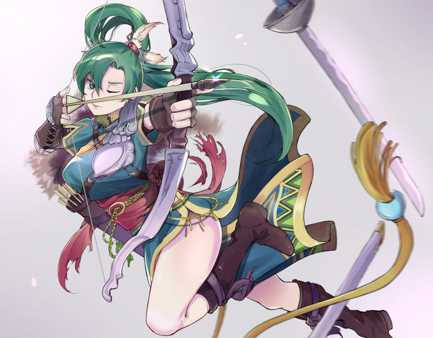absurdres aiming arrow asymmetrical_bangs bangs blurry boots bow_(weapon) breasts depth_of_field drawing_bow dress ebinku feathers fingerless_gloves fire_emblem fire_emblem:_rekka_no_ken fire_emblem_heroes gloves green_eyes green_hair grey_background hair_between_eyes hair_feathers highres knee_boots leather leather_gloves lips long_hair lyndis_(fire_emblem) medium_breasts one_eye_closed pelvic_curtain ponytail quiver sash scabbard sheath shoulder_armor side_slit simple_background solo sword thighs weapon