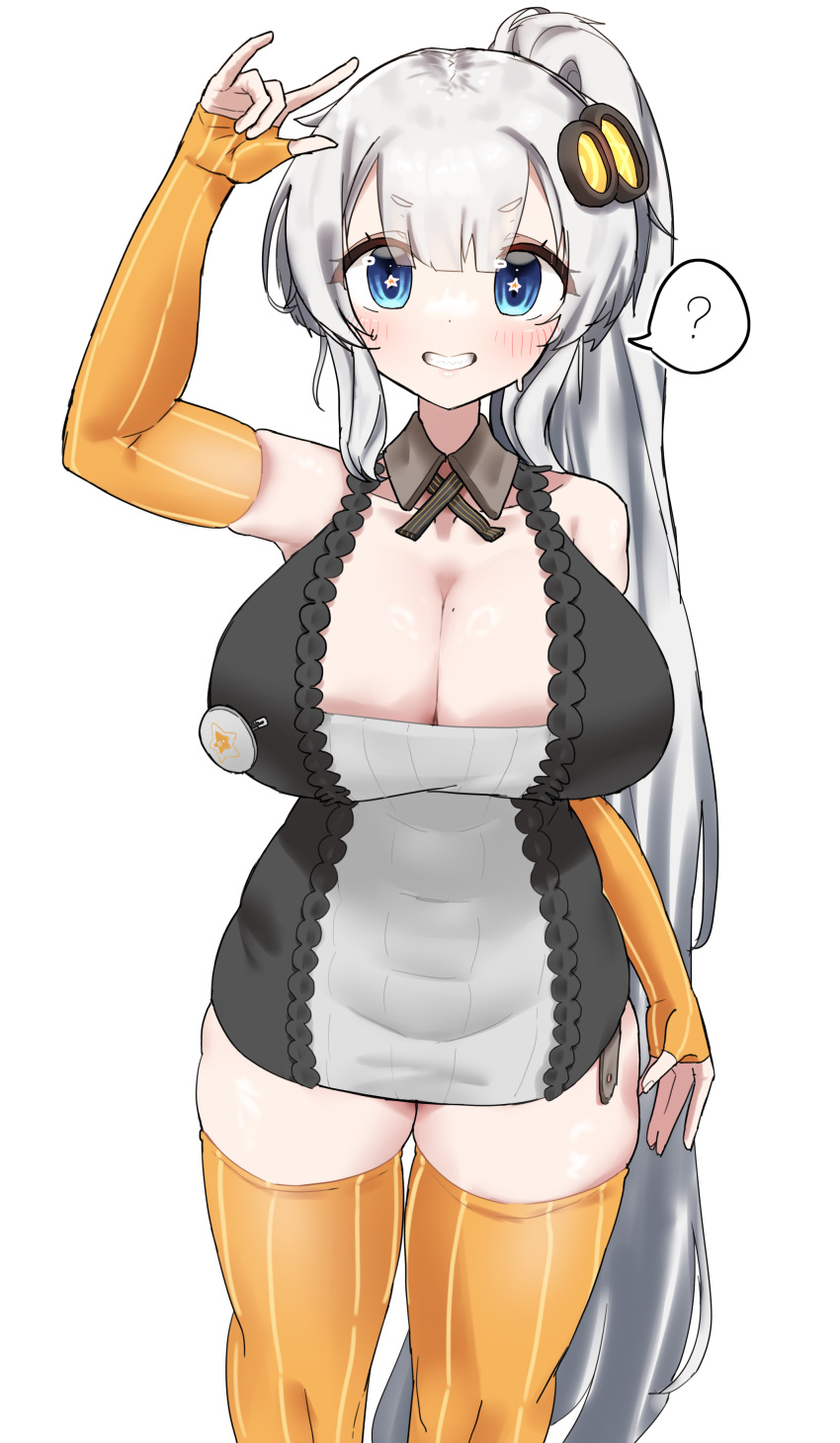 1girl ? absurdres akumuruji alternate_hairstyle arm_at_side bare_shoulders blue_eyes blush breasts cleavage cowboy_shot curvy detached_collar detached_sleeves dress grey_hair grin highres huge_breasts kizuna_akari large_breasts long_hair looking_at_viewer mole mole_on_breast orange_sleeves orange_thighhighs pencil_dress pinstripe_legwear pinstripe_pattern pinstripe_sleeves ponytail ribbed_dress short_dress simple_background skindentation smile solo speech_bubble spoken_question_mark star-shaped_pupils star_(symbol) star_in_eye striped_clothes striped_thighhighs symbol-shaped_pupils symbol_in_eye tareme thighhighs tight_clothes tight_dress very_long_hair voiceroid white_background zettai_ryouiki