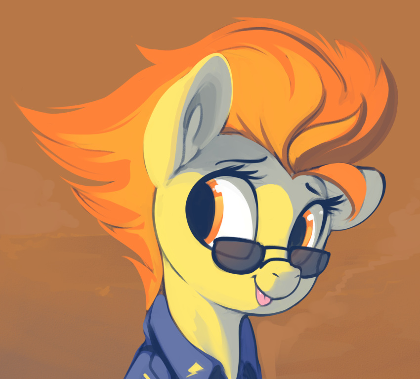 2018 blep brown_background bust_portrait clothed clothing cute dimfann equine eyebrows eyelashes eyewear female feral friendship_is_magic hair hi_res looking_away mammal multicolored_hair my_little_pony orange_eyes orange_hair portrait shirt short_hair simple_background smile solo spitfire_(mlp) sunglasses tongue tongue_out two_tone_hair wonderbolts_(mlp)