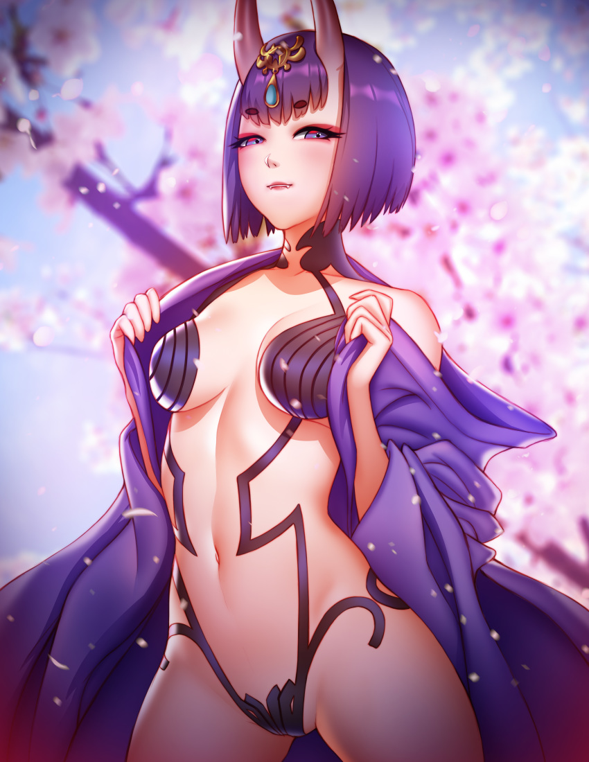 absurdres alcohol armor bangs bare_shoulders blue_sky blunt_bangs blush bob_cut breasts breasts_apart cherry_blossoms choker collarbone cowboy_shot day detached_sleeves eyebrows eyebrows_visible_through_hair eyeshadow fangs fate/grand_order fate_(series) gem groin hair_ornament half-closed_eyes hands_up headpiece highres horns japanese_clothes jewelry kimono legs_apart long_sleeves looking_at_viewer makeup mascara midriff navel nose off_shoulder oni oni_horns open_clothes open_kimono outdoors paid_reward parted_lips petals pink_lady_mage pink_lips purple_eyes purple_hair purple_kimono revealing_clothes sapphire_(stone) short_eyebrows short_hair shuten_douji_(fate/grand_order) sky small_breasts smile solo standing stomach teeth thick_eyebrows tree_branch wide_sleeves