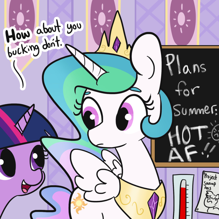 ! 2018 castle chalkboard crown cutie_mark dialogue duo english_text equine eye_contact eyebrows eyelashes feathered_wings feathers female feral friendship_is_magic hair hi_res horn inside long_hair looking_back mammal multicolored_hair my_little_pony nude open_mouth open_smile paper princess_celestia_(mlp) profanity purple_eyes rainbow_hair royalty smile standing summer teeth text thermometer tjpones tongue twilight_sparkle_(mlp) unicorn white_feathers winged_unicorn wings