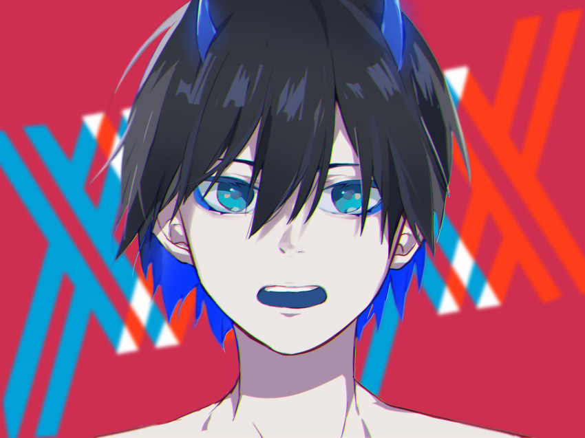 bangs black_hair blue_eyes blue_horns commentary darling_in_the_franxx highres hiro_(darling_in_the_franxx) horns looking_at_viewer male_focus oni_horns open_mouth shirtless solo tacit_1113 teeth