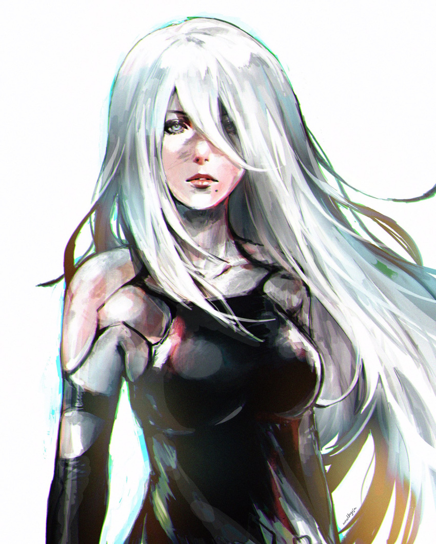 android armlet bangs black_gloves blue_eyes breasts commentary elbow_gloves english_commentary gloves hair_between_eyes hair_over_one_eye highres long_hair looking_at_viewer medium_breasts mole mole_under_mouth nier_(series) nier_automata nvalkyrja parted_lips robot_joints silver_hair tank_top yorha_type_a_no._2