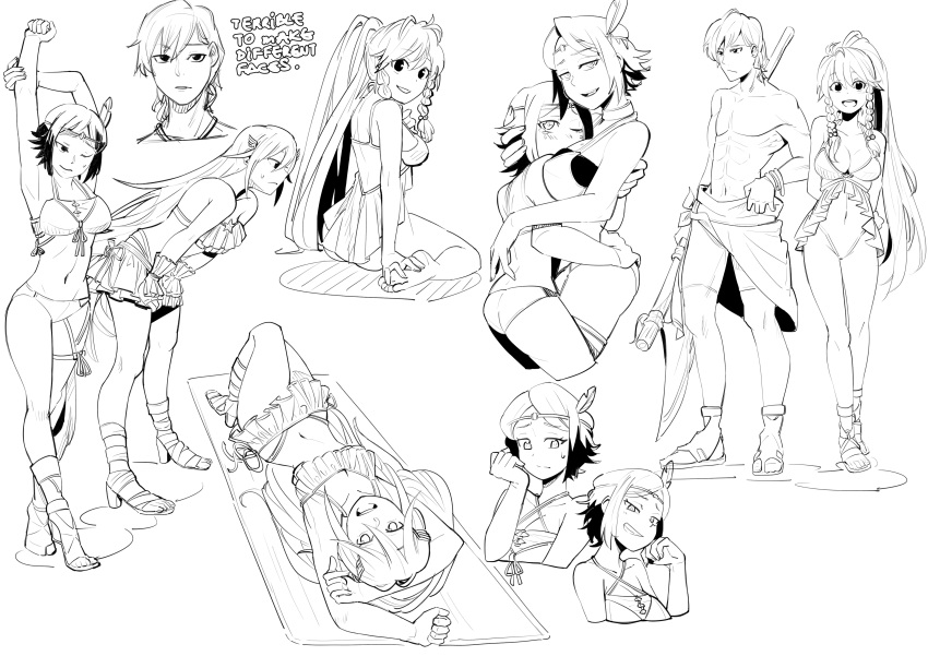 3girls abs absurdres arms_up axe beach_towel bikini braid breasts brother_and_sister circlet cleavage covered_navel ebinku engrish feathers fire_emblem fire_emblem:_kakusei fire_emblem:_seima_no_kouseki fire_emblem_heroes frilled_bikini frills greyscale grin hair_feathers hand_on_hip high_heels highres hug innes leaning_forward long_hair looking_at_viewer lying medium_breasts monochrome multiple_girls multiple_persona multiple_views navel noire_(fire_emblem) on_back one-piece_swimsuit ponytail profile ranguage sandals short_hair siblings side-tie_bikini simple_background sitting sketch smile stretch sweatdrop swimsuit tana tiamo towel twin_braids white_background winged_hair_ornament