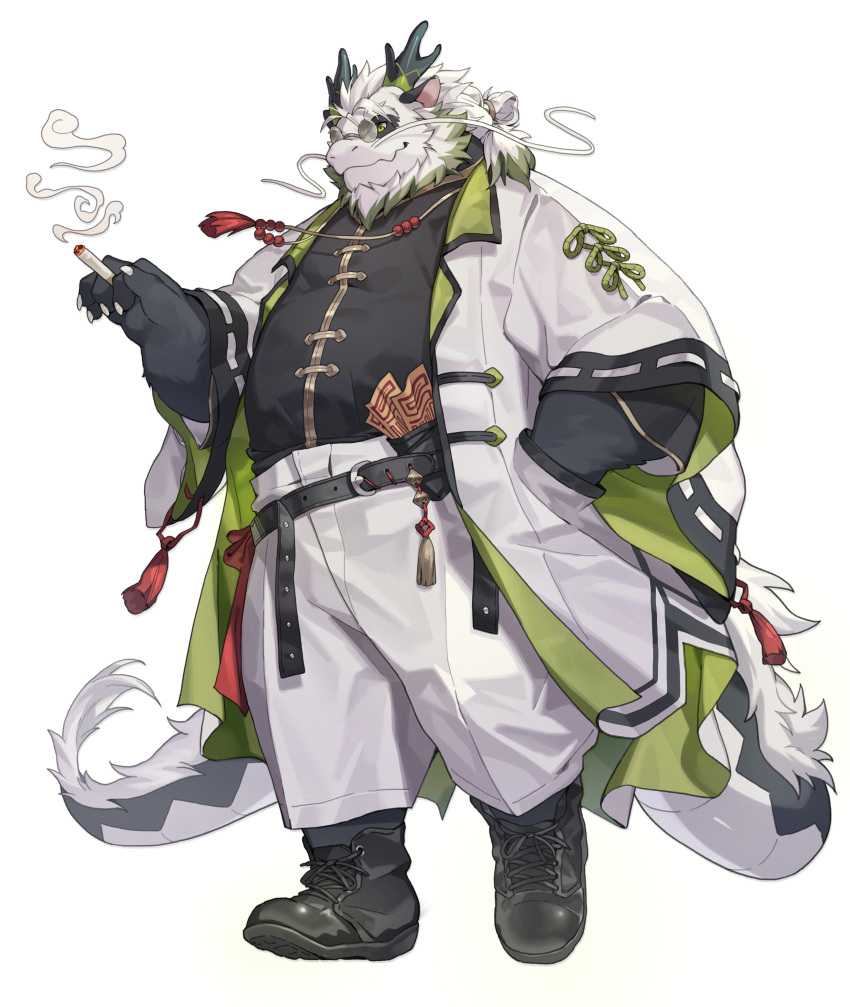 1boy absurdres bara belt black_belt black_footwear black_fur black_shirt cigarette closed_mouth coat commentary dragon_boy dragon_horns dragon_tail fat fat_man full_body furry furry_male green_hair hand_in_pocket highres holding holding_cigarette horns jewelry korean_clothes lapels long_mustache looking_to_the_side male_focus multicolored_hair necklace original pants round_eyewear shirt simple_background solo symbol-only_commentary tail tassel three_quarter_view two-tone_fur two-tone_hair white_background white_coat white_fur white_hair white_pants yed_(yedsilent)