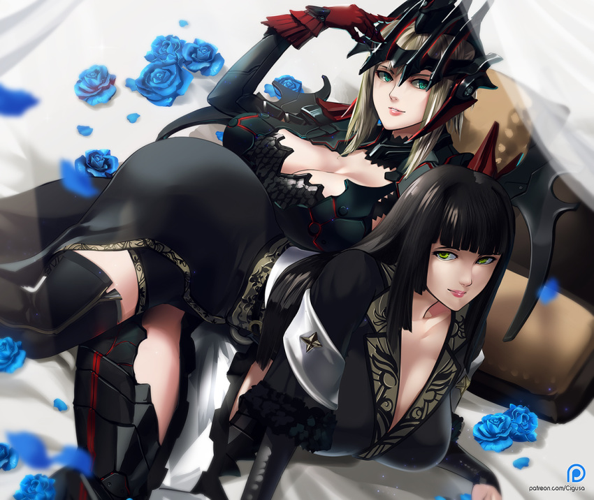 all_fours aranea_highwind armor bed black_hair blanket blue_flower blue_rose breasts bridal_gauntlets cleavage curtains final_fantasy final_fantasy_xv flower gentiana green_eyes helmet large_breasts long_hair looking_at_viewer multiple_girls parted_lips petals pillow rose senria shawl silver_hair smile spread_legs yellow_eyes