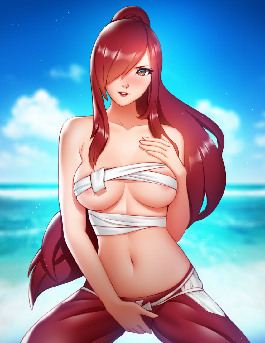 absurdres alternate_costume areola_slip areolae bandages bangs bare_shoulders beach blue_sky blurry blurry_background bokeh breasts breasts_apart brown_eyes budget_sarashi cleavage cloud cloudy_sky collarbone covering covering_crotch cowboy_shot day depth_of_field erza_scarlet eyelashes fairy_tail fingernails groin gumroad_reward hair_over_one_eye hakama hand_on_own_chest hand_up high_ponytail highres japanese_clothes kneeling large_breasts legs_apart long_fingernails long_hair looking_at_viewer midriff navel ocean open_mouth outdoors paid_reward parted_lips pink_lady_mage pink_lips ponytail red_hair red_hakama sand sarashi sidelocks skindentation sky smile solo stomach swept_bangs sword teeth underboob upper_teeth very_long_hair weapon