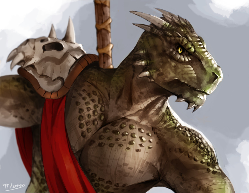 7theaven anthro argonian armor bust_portrait clothing dutch_angle green_scales male muscular pauldron pecs portrait scales scalie skull solo tan_scales the_elder_scrolls video_games weapon yellow_eyes