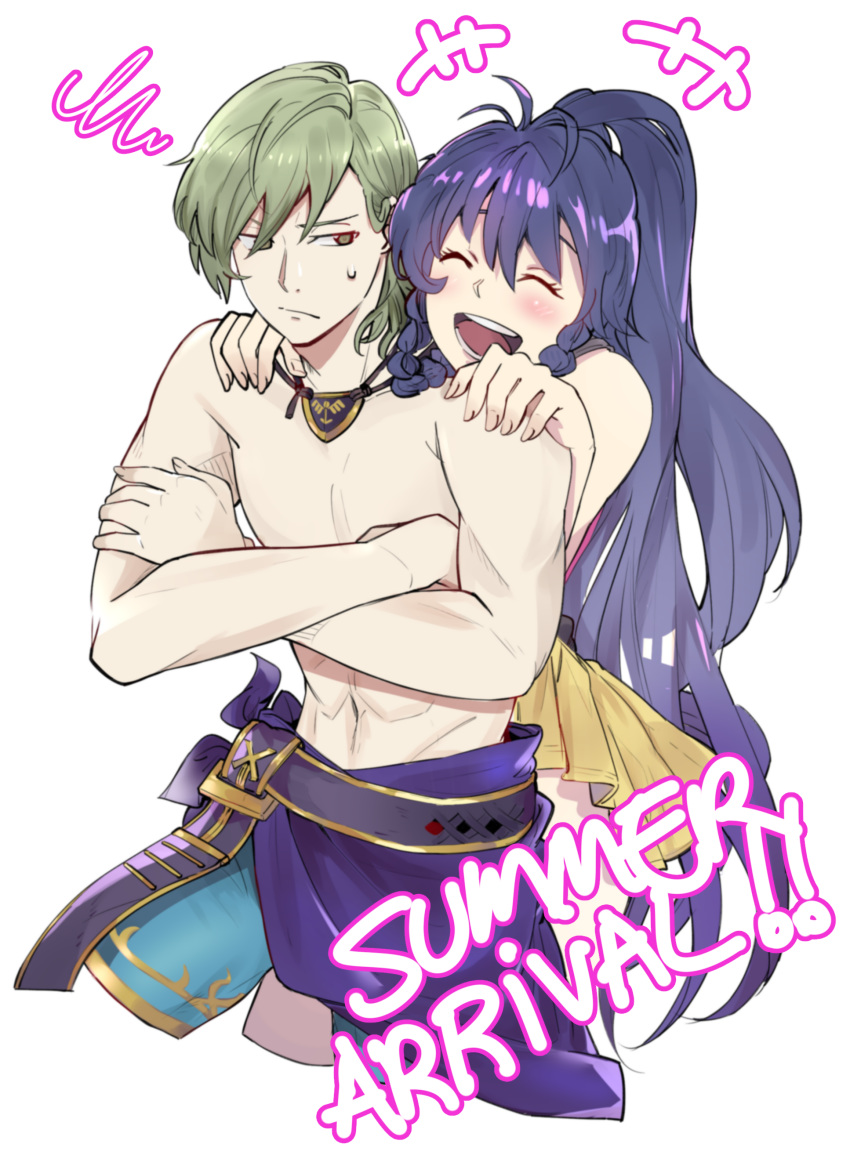 1boy 1girl abs absurdres blue_hair blush braid brother_and_sister chest closed_eyes clothes_around_waist cowboy_shot crossed_arms ebinku english fire_emblem fire_emblem:_seima_no_kouseki fire_emblem_heroes frown green_eyes green_hair highres hug hug_from_behind innes jewelry laughing long_hair looking_at_another navel necklace open_mouth ponytail shirtless short_hair shorts siblings simple_background smile squiggle sweatdrop swimsuit tana twin_braids white_background