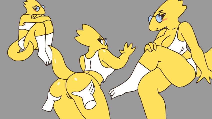 alphys animated anus blush breasts butt butt_jiggle butt_squish chelodoy cleavage clothed clothing disembodied_hand duo eyewear female glasses hand_on_butt legwear lizard multiple_poses non-mammal_breasts pose pussy reptile scalie solo_focus undertale video_games