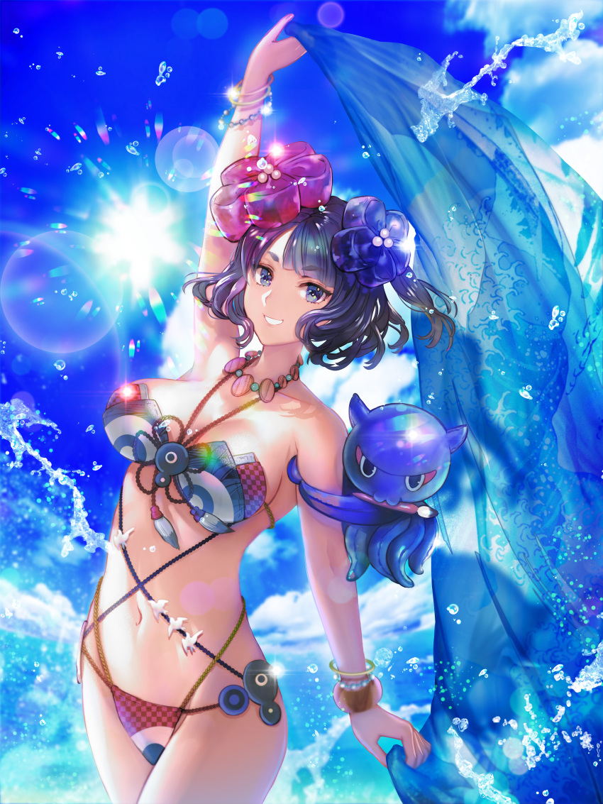 :d absurdres arm_up bikini breasts cleavage cloud day eyebrows_visible_through_hair fate/grand_order fate_(series) flower hair_flower hair_ornament highres holding huge_filesize katsushika_hokusai_(fate/grand_order) large_breasts lens_flare md5_mismatch octopus open_mouth outdoors parted_lips purple_eyes purple_hair shawl short_hair shutsuri sky smile solo swimsuit tokitarou_(fate/grand_order) water