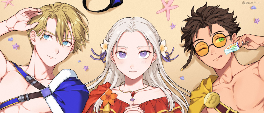 1girl 2boys blonde_hair claude_von_riegan claude_von_riegan_(summer) commentary dimitri_alexandre_blaiddyd_(summer) edelgard_von_hresvelg edelgard_von_hresvelg_(summer) fire_emblem fire_emblem:_three_houses fire_emblem_heroes frills hair_ornament hair_ribbon highres long_hair looking_at_viewer multiple_boys official_alternate_costume peach11_01 purple_eyes ribbon swimsuit upper_body white_hair