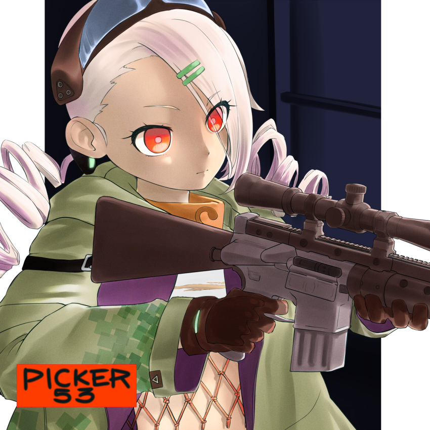 1girl absurdres armband camouflage camouflage_jacket digital_camouflage drill_hair girls'_frontline gloves goggles goggles_on_head gun hair_ornament hairclip highres holding holding_gun holding_weapon jacket mk_12_(girls'_frontline) red_eyes scarf solo upper_body weapon white_hair
