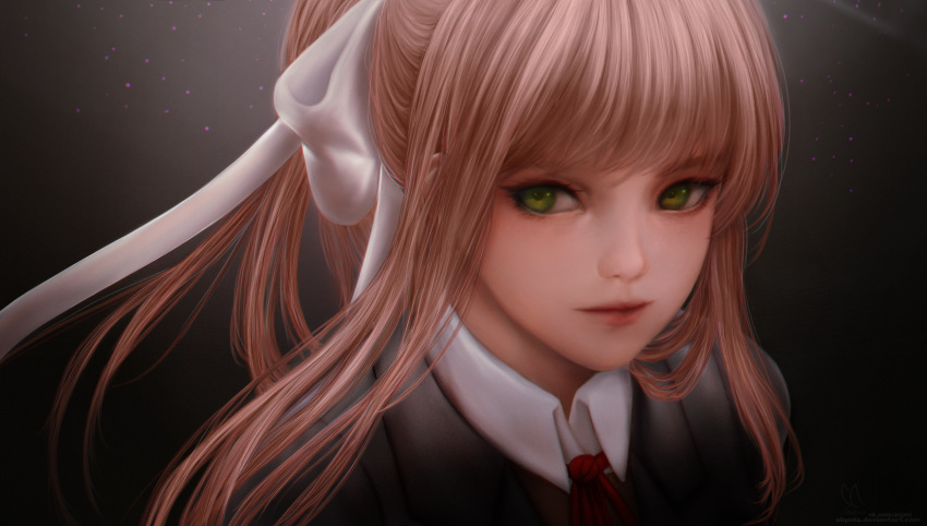 alqmia bangs bow brown_hair closed_mouth collared_shirt doki_doki_literature_club green_eyes grey_jacket hair_bow hair_intakes highres jacket looking_to_the_side monika_(doki_doki_literature_club) neck_ribbon ponytail realistic red_ribbon ribbon school_uniform shirt sidelocks simple_background uniform watermark white_bow white_ribbon wing_collar