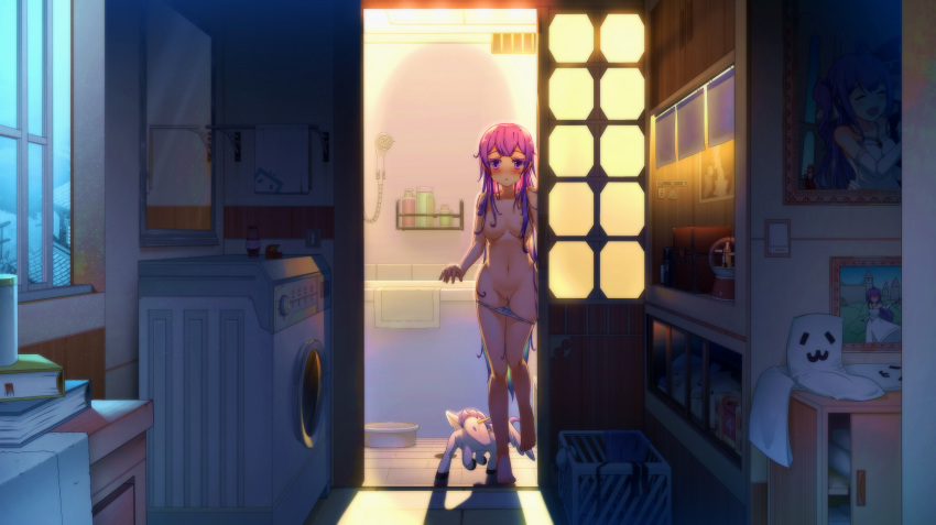 absurdres alicorn animal azur_lane bangs barefoot bath blue_hair blush book bookmark bra bra_removed breasts colored_eyelashes commentary dalian_(1457091741) dress dress_removed eyebrows_visible_through_hair gradient_hair hair_censor hair_over_breasts highres huge_filesize indoors laundry_basket long_hair looking_at_viewer map medium_breasts mirror multicolored_hair navel nipples nose_blush panties panty_pull parted_lips photo_(object) picture_frame purple_dress purple_eyes purple_hair pussy reflection shampoo_bottle shower_head solo standing standing_on_one_leg topless underwear underwear_only unicorn_(azur_lane) very_long_hair washing_machine white_bra white_panties window