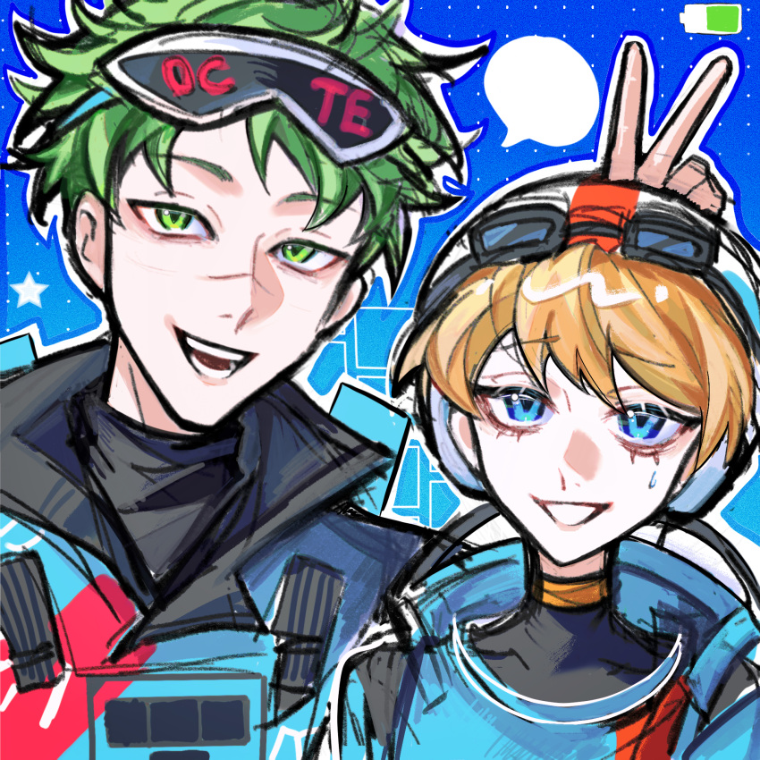 1boy 1girl animification apex_legends battery_indicator black_shirt blank_speech_bubble blonde_hair blue_bodysuit blue_jacket bodysuit bunny_ears_prank covered_collarbone goggles goggles_on_head goggles_on_headwear green_eyes green_hair helmet highres jacket octane_(apex_legends) official_alternate_costume open_mouth parted_lips san_chuo_chuan scar scar_on_face scar_on_nose shirt short_hair smile sonic_boom_octane speech_bubble star_(symbol) sweatdrop v wattson_(apex_legends) white_helmet wired_for_speed_wattson