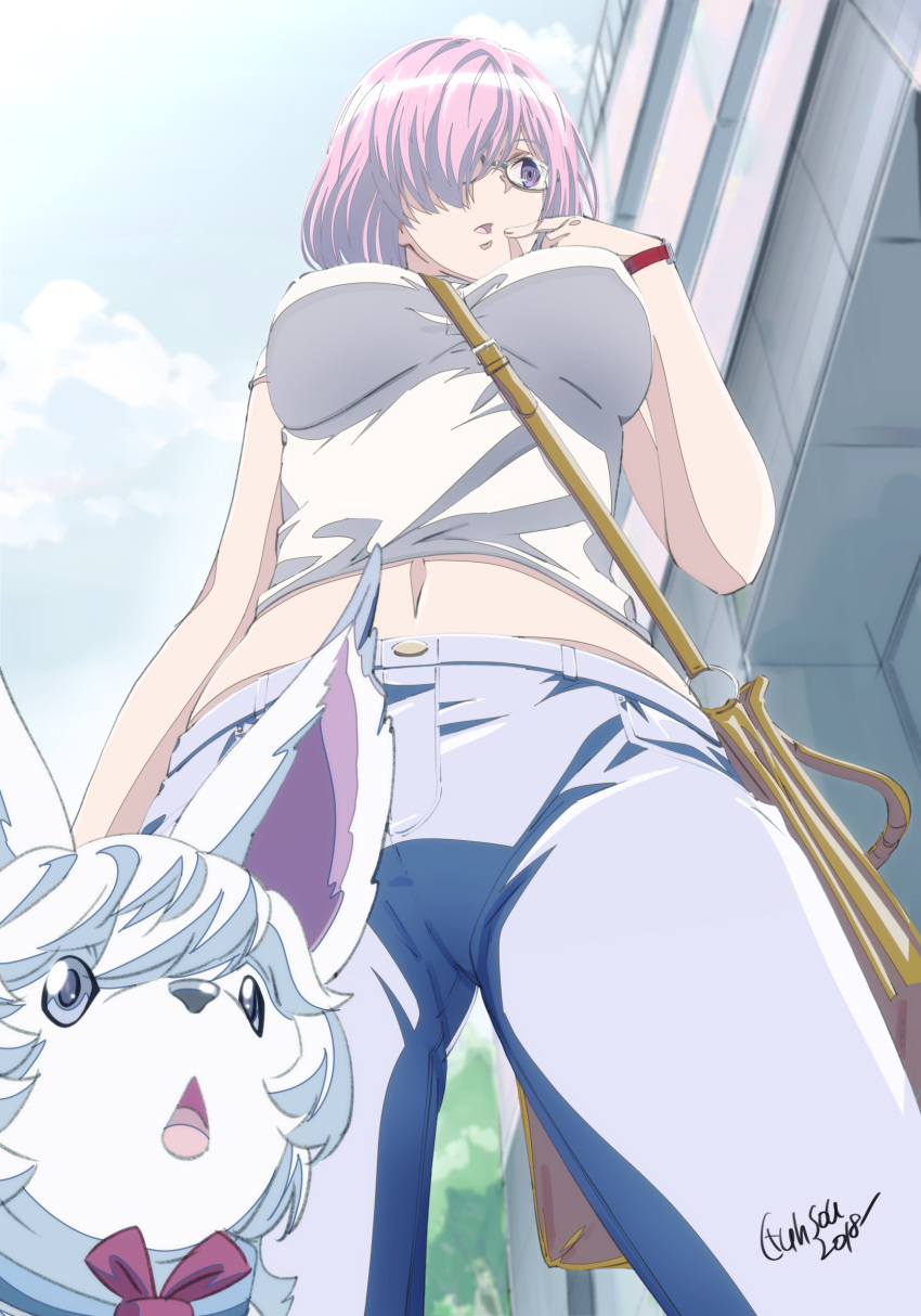 2018 alternate_costume bag belly_peek between_breasts black-framed_eyewear blue_sky breasts cloud commentary_request creature dated day denim fate/grand_order fate_(series) finger_to_mouth fou_(fate/grand_order) from_below glasses gunsou33 hair_over_one_eye handbag highres jeans large_breasts mash_kyrielight midriff navel outdoors pants purple_eyes purple_hair red_neckwear short_hair sky solo standing strap_cleavage watch wristwatch