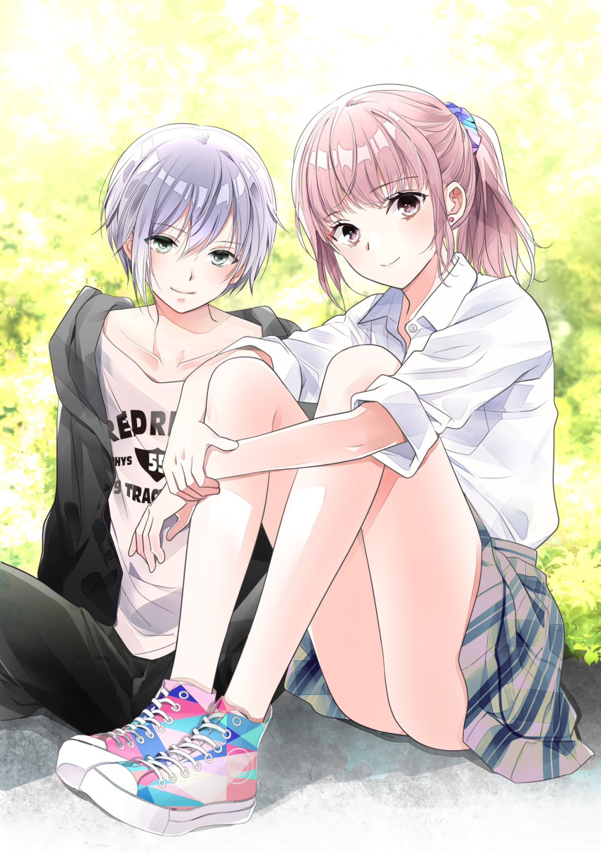 1boy 1girl ass closed_mouth earrings highres jewelry looking_at_viewer on_floor ooshima_towa original outdoors ponytail school_uniform single_earring sitting