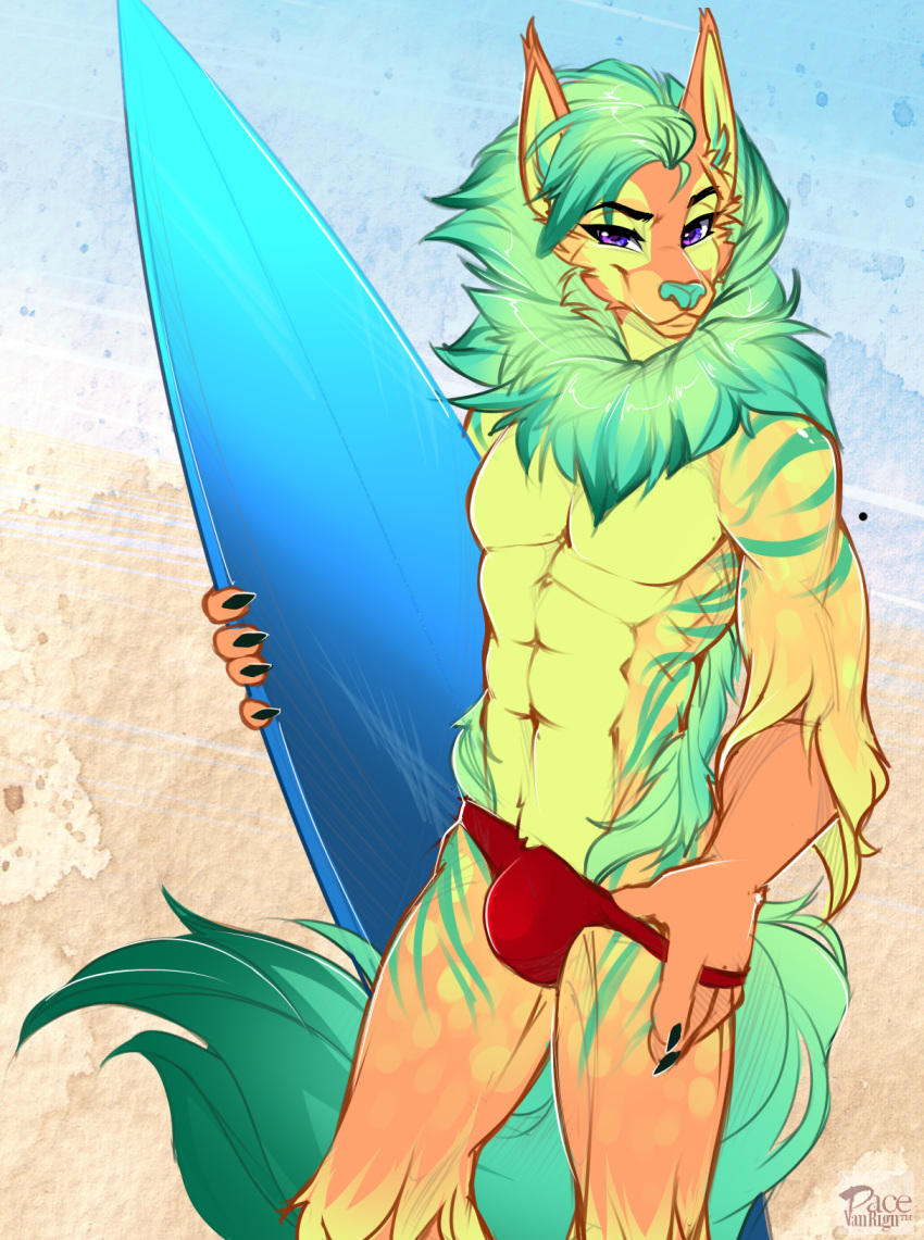 abs bulge canine claws clothed clothing ear_tuft fluffy fluffy_tail fur looking_at_viewer male mammal multicolored_fur muscular muscular_male neck_tuft orange_fur pacevanrign pecs purple_eyes seductive skimpy smile solo stripes surfboard teal_hair teal_nose tuft two_tone_fur underwear yellow_fur