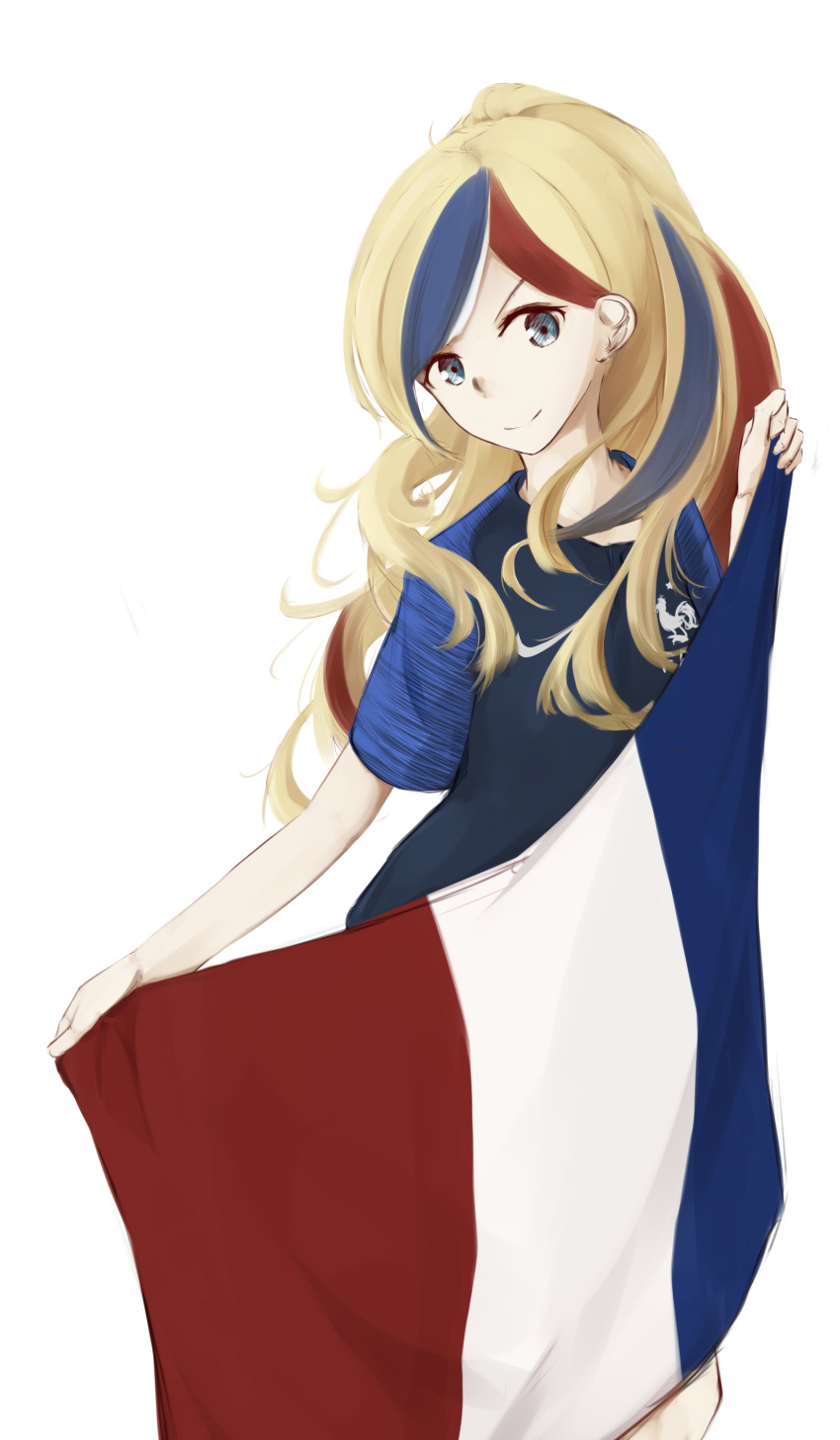 2018_fifa_world_cup absurdres aqua_eyes bangs blue_hair ceruleank chinese_commentary commandant_teste_(kantai_collection) commentary_request disgodviwancool france french_flag highres holding kantai_collection multicolored_hair partial_commentary red_hair smile soccer soccer_uniform solo sportswear streaked_hair swept_bangs white_hair world_cup