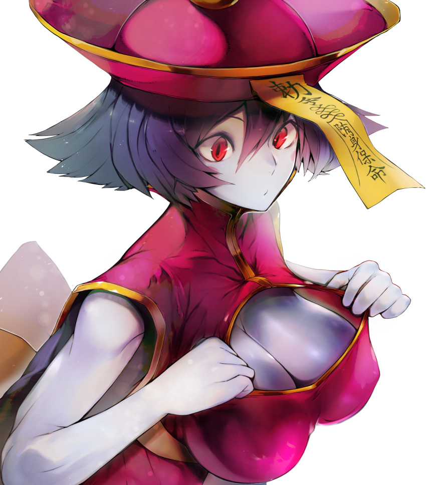 bangs bare_arms blue_skin breasts cleavage cleavage_cutout cleavage_reach closed_mouth covered_nipples flipped_hair hair_between_eyes hat highres jiangshi large_breasts lei_lei nishiide_kengorou ofuda pink_hat purple_hair red_eyes short_hair simple_background solo turtleneck upper_body vampire_(game) white_background zombie