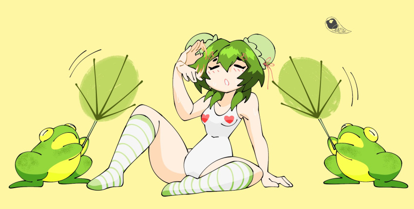 1girl 2others arm_support artist_logo borrowed_character bun_cover closed_eyes commentary covered_navel double_bun english_commentary frog full_body green_hair green_socks hair_bun hand_fan highres holding holding_fan horizontal-striped_socks multiple_others one-piece_swimsuit open_mouth original qtip_xd sitting socks swimsuit two-tone_socks white_one-piece_swimsuit white_socks yellow_background