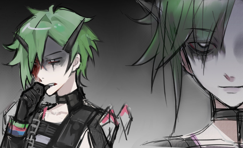 1girl alter_(apex_legends) animification apex_legends biting_own_finger black_choker black_gloves blood blood_on_face chinese_commentary choker collarbone gloves grey_hair highres multiple_views parted_lips san_chuo_chuan short_hair sketch smile white_eyes