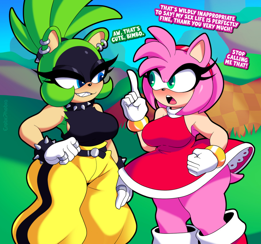 afrosoricid amy_rose angry anthro big_breasts big_butt blue_eyes boots bottomwear bracelet breasts butt clothing collar dialogue dress duo ear_piercing ear_ring eroticphobia eulipotyphlan eye_contact female footwear gesture gloves green_body green_eyes green_hair green_hill_zone gynomorph hair hand_gesture hand_on_hip handwear hedgehog hi_res idw_publishing insult intersex jewelry looking_at_another mammal open_mouth outside pants piercing pink_body pink_hair pointing profanity raised_finger raised_index_finger ring ring_piercing sega sharp_teeth shirt sonic_the_hedgehog_(comics) sonic_the_hedgehog_(idw) sonic_the_hedgehog_(series) spiked_bracelet spiked_collar spikes standing surge_the_tenrec teeth tenrec thick_thighs topwear