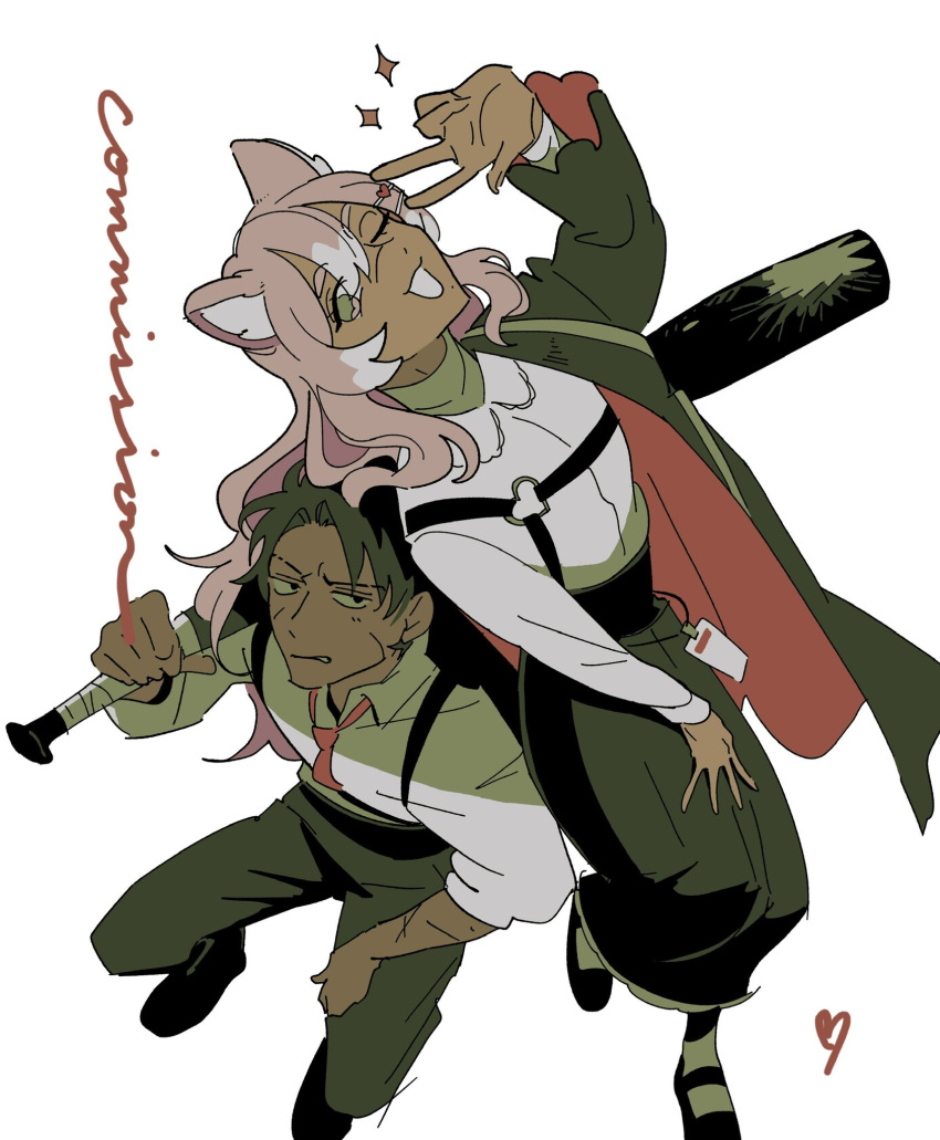 1boy 1girl :3 animal_ear_fluff animal_ears arm_up baseball_bat black_footwear black_skirt cat_ears cat_girl chest_harness coat coat_partially_removed collared_coat collared_shirt colored_tips commission dark-skinned_female dark_skin full_body green_coat green_eyes green_pants grey_hair grey_shirt hair_between_eyes harness highres invisible_chair long_hair long_sleeves looking_at_viewer mary_janes multicolored_hair muted_color necktie one_eye_closed open_mouth original over_shoulder pants pink_hair red_necktie robodumpling shirt shoes short_hair simple_background sitting skirt sparkle standing v weapon weapon_over_shoulder white_background