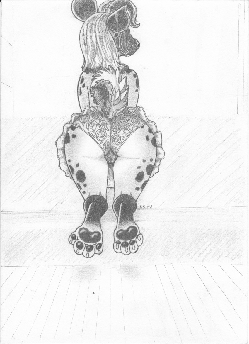 anthro butt clothed clothing fangs female flower greyscale hair hyena kkinu line_art mammal monochrome panties paws pencil_(artwork) plant presenting presenting_hindquarters raised_tail simple_background solo traditional_media_(artwork) underwear