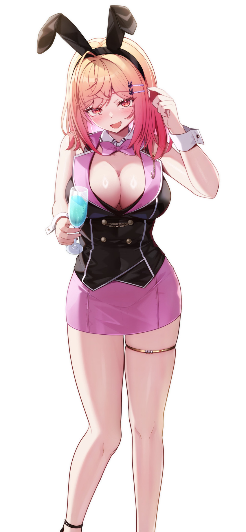 1girl absurdres ahoge akuame_(ring3922) alternate_costume animal_ears black_vest blush breasts bunny_garden buttons cleavage cocktail_glass collar cup detached_collar double-breasted drinking_glass fake_animal_ears hair_ornament hairclip hairpin highres holding holding_cup hololive hololive_dev_is ichijou_ririka large_breasts long_hair looking_at_viewer open_mouth orange_eyes orange_hair pink_eyes pink_hair playboy_bunny rabbit_ears short_hair simple_background smile solo standing thigh_strap vest virtual_youtuber white_background white_collar white_wrist_cuffs wine_glass wrist_cuffs