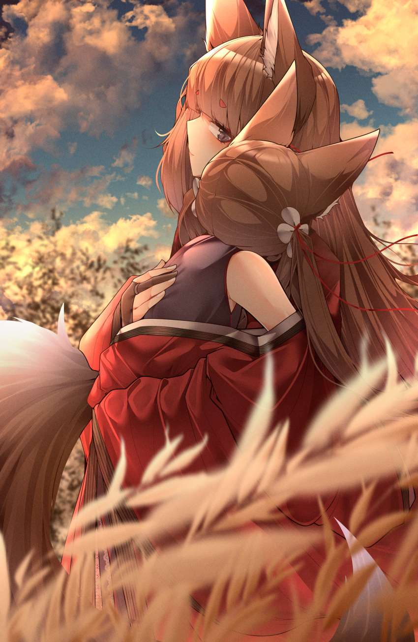 2girls absurdres amagi-chan_(azur_lane) amagi_(azur_lane) animal_ears azur_lane bare_shoulders blush brown_hair carrying carrying_person eyeshadow flower fox_ears fox_girl fox_tail full_body hair_flower hair_ornament hand_on_another's_back hand_up highres hug japanese_clothes kimono kitsune leaning_on_person long_hair looking_at_another makeup multiple_girls multiple_tails off_shoulder outdoors purple_eyes red_eyeshadow red_kimono samip slit_pupils smile sunset tail twintails very_long_hair white_flower