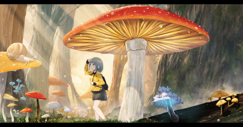 akky_(akimi1127) animal backpack bag bangs black_skirt blue_eyes blush dew_drop expressionless eyebrows_visible_through_hair from_side grey_hair highres holding_strap jacket letterboxed light_rays long_sleeves looking_afar looking_away minigirl morning moss mushroom nature original outdoors pencil_skirt revision scenery shading_eyes short_hair silver_hair skirt sleeves_past_wrists snail socks solo sunbeam sunlight sunrise tree walking water_drop yellow_jacket