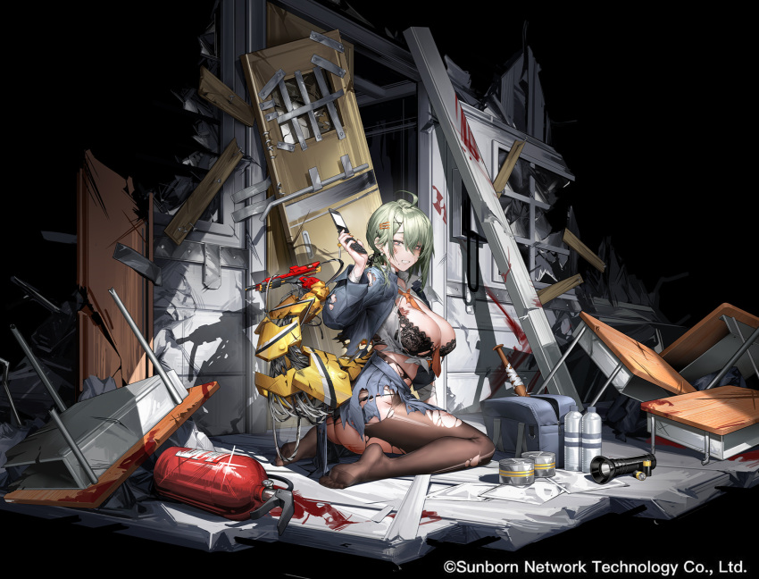 1girl ahoge bag baseball_bat battery between_breasts black_background black_bra black_choker black_panties black_pantyhose blazer blood blue_bag blue_jacket blue_skirt bottle bra breasts broken_window can cellphone choker classroom collared_shirt copyright_notice de_lacey_(neural_cloud) desk door faux_figurine fire_extinguisher flashlight flip_phone from_side full_body girls'_frontline girls'_frontline_neural_cloud green_hair grin hair_between_eyes hair_ornament hand_up highres holding holding_phone jacket lace lace_bra large_breasts looking_at_viewer mechanical_tail miniskirt mole mole_under_mouth multicolored_eyes necktie necktie_between_breasts no_shoes official_alternate_costume official_art open_bag open_clothes open_jacket panties pantyhose pantyshot phone pleated_skirt purple_eyes red_eyes red_necktie rubble ruins scar scar_on_face school_bag school_desk school_uniform scrape shirt skirt smile solo string_panties symbol-shaped_pupils tail teeth tied_shirt torn_clothes torn_jacket torn_pantyhose torn_shirt torn_skirt underwear vinegar_kira water_bottle white_shirt x_hair_ornament