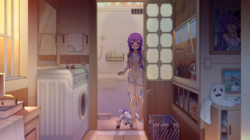 absurdres alicorn animal azur_lane bangs barefoot bath blue_hair blush book bookmark bra bra_removed breasts colored_eyelashes commentary_request dalian_(1457091741) dress dress_removed evening eyebrows_visible_through_hair gradient_hair hair_censor hair_over_breasts highres huge_filesize indoors laundry_basket long_hair looking_at_viewer map medium_breasts mirror multicolored_hair navel nipples nose_blush panties panty_pull parted_lips photo_(object) picture_frame purple_dress purple_eyes purple_hair pussy reflection shampoo_bottle shower_head solo standing standing_on_one_leg topless underwear underwear_only unicorn_(azur_lane) very_long_hair washing_machine white_bra white_panties window