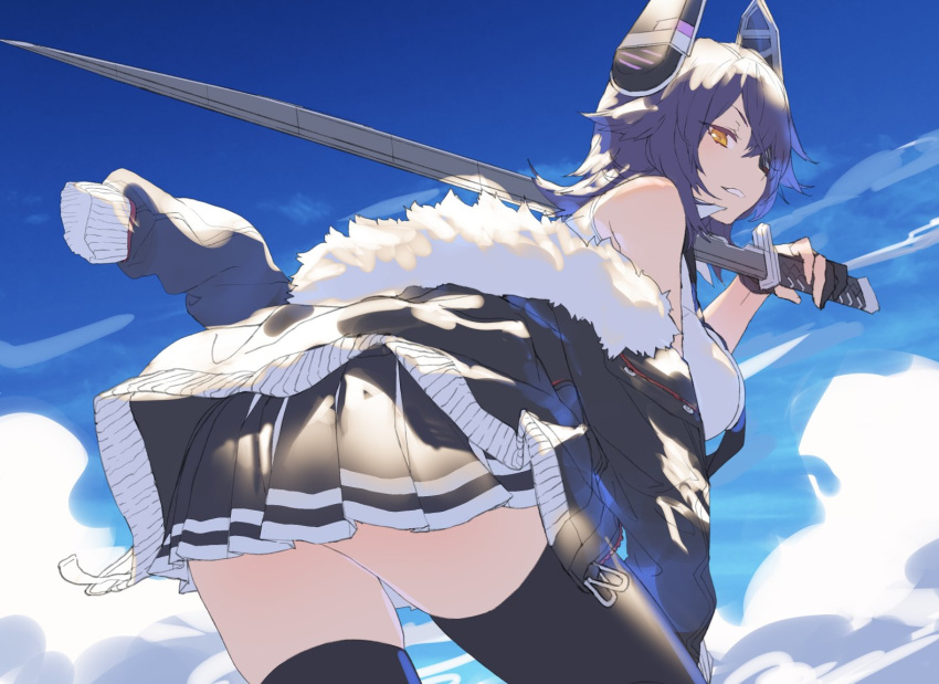 bare_shoulders bent_over black_gloves blue_sky breasts cloud collared_shirt commentary_request day eyepatch fingerless_gloves from_behind fur_trim gloves headgear holding holding_weapon izumi_sai jacket kantai_collection large_breasts leaning_forward left-handed legs looking_back necktie over_shoulder partly_fingerless_gloves pleated_skirt purple_hair school_uniform shirt short_hair skirt sky sleeveless sleeveless_shirt sword sword_over_shoulder tenryuu_(kantai_collection) thighhighs weapon weapon_over_shoulder work_in_progress yellow_eyes