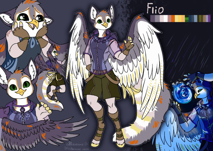 anthro avian clothed clothing coat digital_media_(artwork) english_text fingers fur gryphon hooves looking_at_viewer male mythological_avian mythological_creature mythology open_mouth raincoat rinkamo signature simple_background smile solo tail text topwear wings wolfennecus(world)