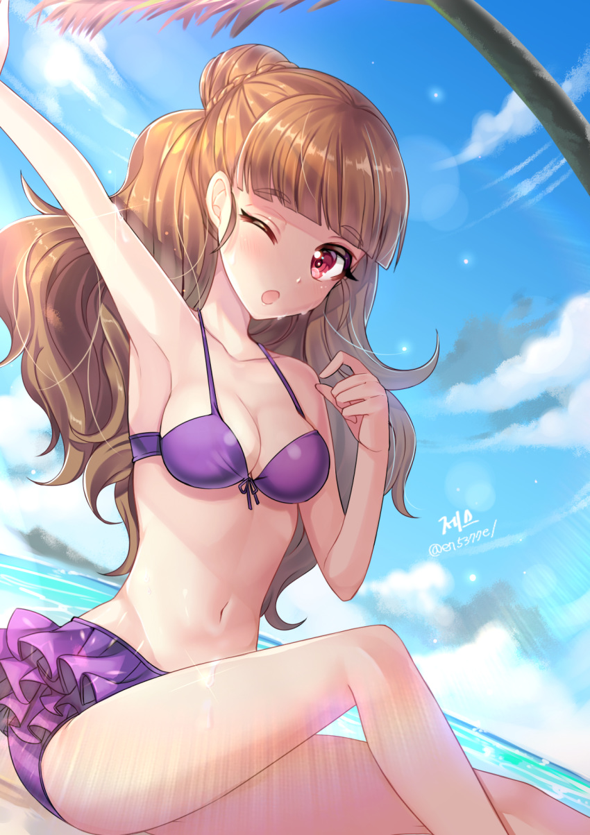 ;o bad_id bad_pixiv_id bangs bikini bikini_skirt blue_sky blunt_bangs breasts brown_hair cleavage cloud collarbone day eyebrows_visible_through_hair floating_hair highres idolmaster idolmaster_cinderella_girls kamiya_nao lens_flare long_hair medium_breasts navel one_eye_closed outdoors outstretched_arm palm_tree purple_bikini red_eyes shiny shiny_hair sideboob sky solo swimsuit tree very_long_hair xes_(xes_5377)