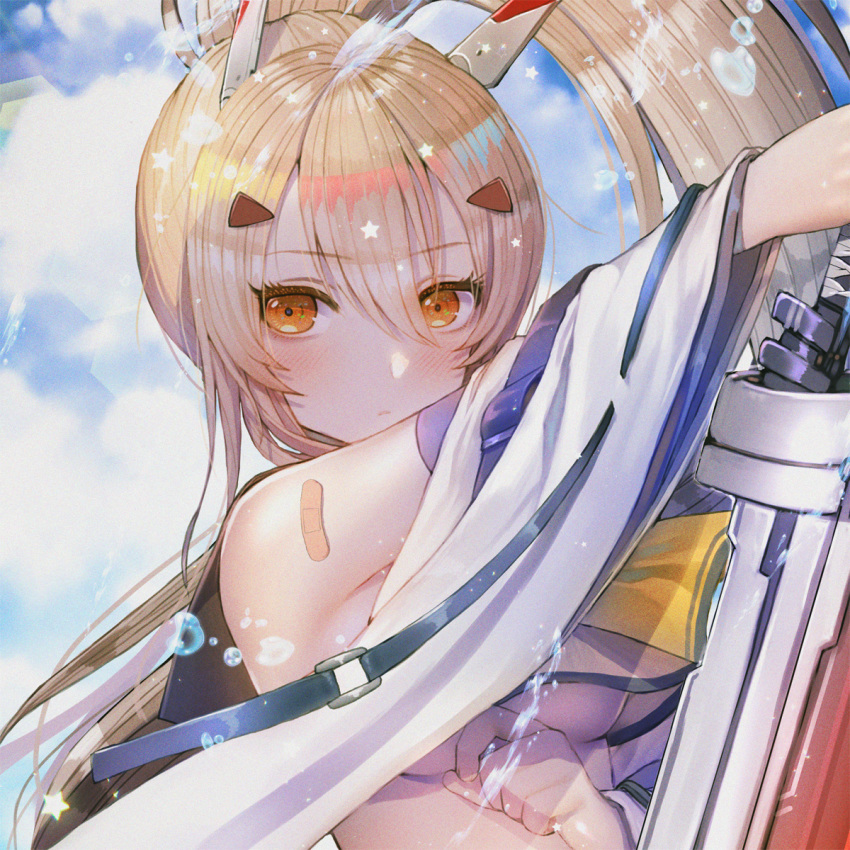 ayanami_(azur_lane) azur_lane bad_id bad_twitter_id bandaid_on_arm bangs bare_shoulders blonde_hair blue_sky blush breasts closed_mouth cloud crop_top crop_top_overhang detached_sleeves eyebrows_visible_through_hair hair_between_eyes hair_ornament hanato_(seonoaiko) headgear highres holding holding_sword holding_weapon long_hair looking_at_viewer ponytail red_eyes school_uniform shirt sky solo star sword upper_body water_drop weapon white_shirt wide_sleeves