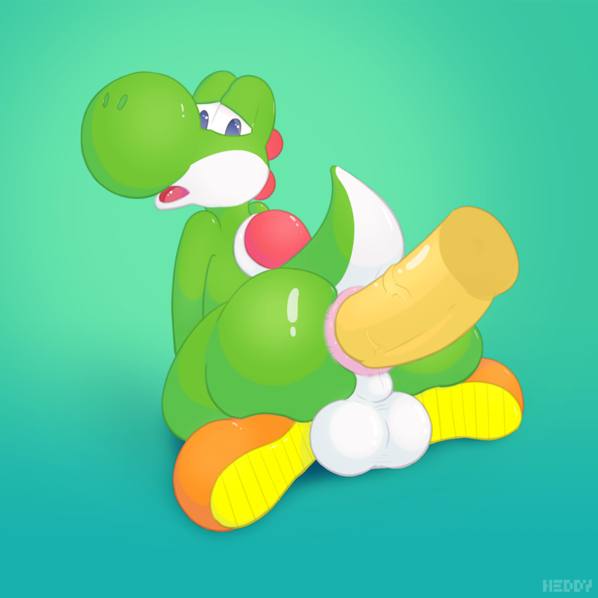 all_fours anal anal_penetration anthro anus backsack balls blue_eyes butt clothing disembodied_penis erection footwear half-closed_eyes heddy looking_back male male/male mario_bros nintendo open_mouth penetration penis perineum reptile scalie shoes simple_background solo_focus thick_thighs video_games yoshi