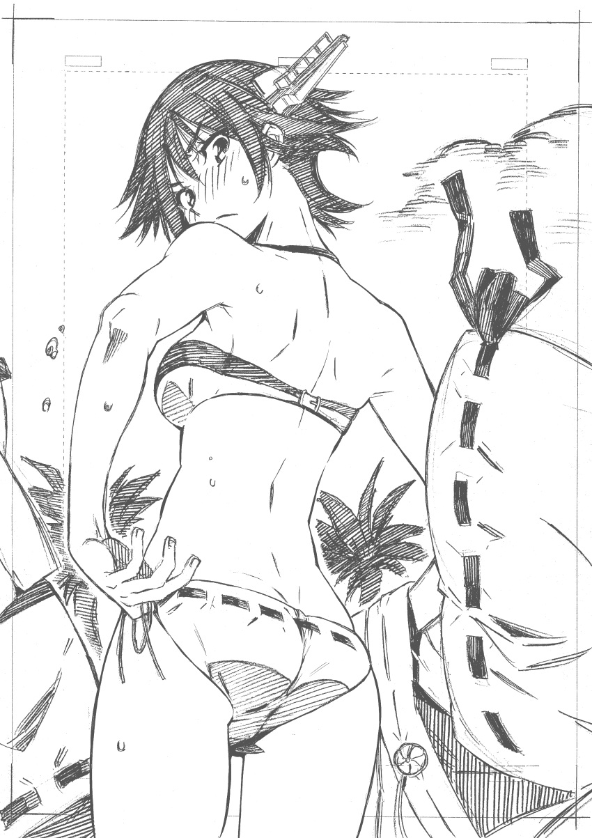 absurdres ass bikini blush cowboy_shot from_behind greyscale hiei_(kantai_collection) highres kantai_collection kojima_takeshi looking_at_viewer looking_back monochrome nose_blush palm_tree short_hair solo swimsuit traditional_media tree